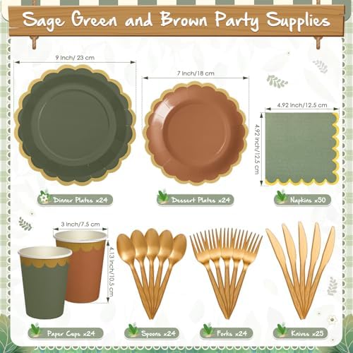 Mimorou 169 Pcs Sage Green and Brown Plates Napkins Cups Flatware Set - Image 3
