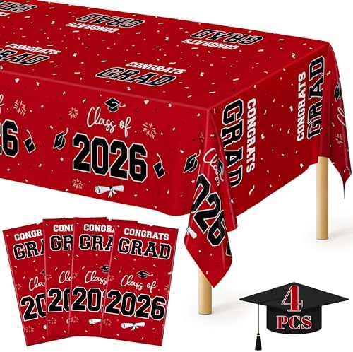QZYL 4 Pack Graduation Table Cloth, 54" x 108" Red 2026 Graduation Table Decorations, Disposable Grad Party Decorations for College, Rectangle Plastic Tablecover for Class of 2026 Congrats Grad by QZYL