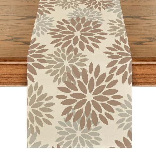 Artoid Mode Brown Gray Dahlia Pinnata Flower Floral Table Runner, Seasonal Holiday Kitchen Dining Table Decoration for Home Party Decor 13x72 Inch by ArtoidMode