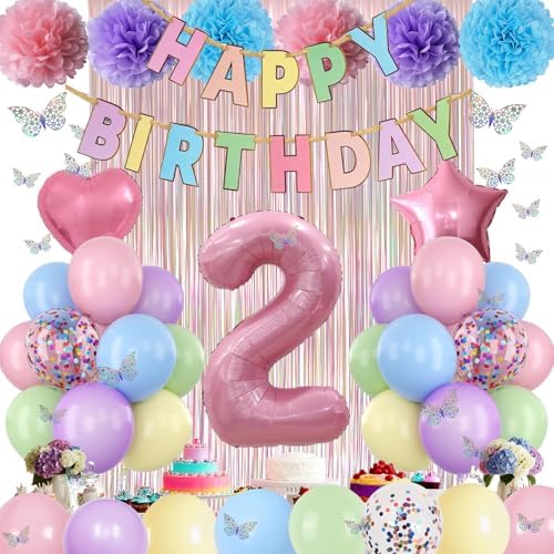 Pastel 2nd Birthday Colorful Party Decorations Girls Pink Number 2 Balloon - Image 5