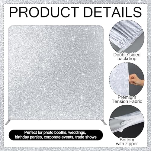 Oudain 7.6 x 7.6 ft Photo Booth Backdrop Sparkling Silver Tension Fabric Wedding Photo Booth Backdrop Double Sided Tension, Fabric Only, No Frame for Graduation Wedding Trade Show Event Photography - Image 3