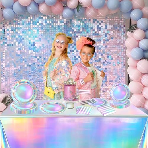 Iridescent Party Supplies for 20 Guests, Disposable Iridescent Tableware Set Includes Holographic Paper Plates, Napkins, Forks, Tablecloth for Birthday Mermaid Themed Party Decorations Wedding - Image 5