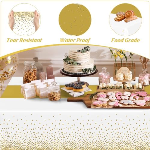 4Pack Disposable Plastic Table Cloths for Parties, 54" x 108" White and Gold Rectangle Table Covers, Waterproof Tablecloth for Rectangle Tables Suitable for New Years Eve Thanksgiving Wedding Supplies - Image 3