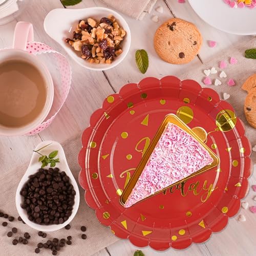 50PCS Happy Birthday Paper Plates and Napkins Party Decorations - 7 Inch Scalloped Red and Gold Dessert Plates and 6.5 Inch Napkins Disposable Tableware Set Birthday Party Supplies, Serves 25 - Image 2