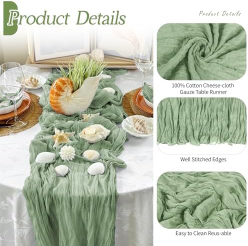 3 Pack Sage Green Cheesecloth Table Runner 17x108 Inch Semi Sheer Boho Gauze Cheese Cloth Fabric Table Runners Table Decor for Wedding Party Baby Shower Birthday Home Decor Garden Farmhouse - Image 5
