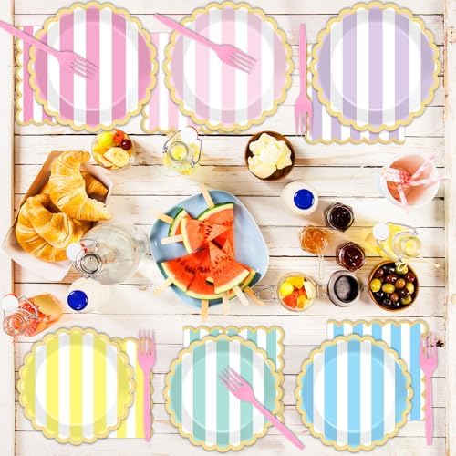 96Pcs Pastel Stripe Party Supplies Pastel Paper Plates Napkins Stripe Ice Cream Party Tableware Set Pastel Dinnerware for Girl Birthday Party Baby Shower Decoration Serve 24 (Scalloped) - Image 5