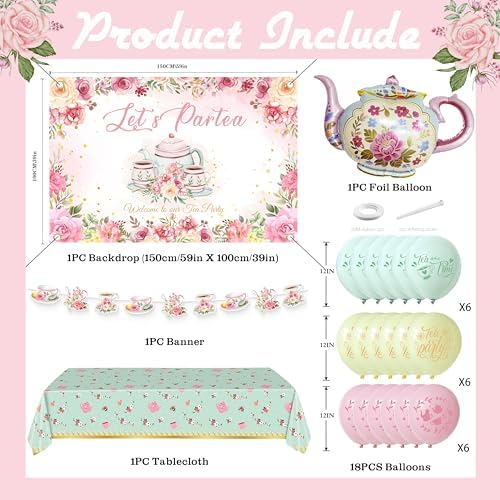 Tea Party Decorations For Women,Pastel Balloons,Tea Party Backdrop,Banner,Teapot Mylar Foil Balloon,Table Cloth,Paper pom poms Party Supplies for Girls - Image 2