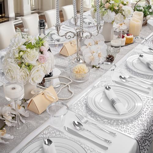WDF Partyware 175PCS Sliver Plastic Plates - Silver Plates Disposable - White Plate with Silver Trim 25Guests Plastic Dinnerware Sets with Rolled Napkins for Wedding Baby Shower Spring Birthday - Image 2