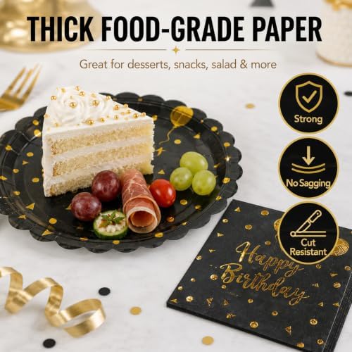 50PCS Happy Birthday Paper Plates and Napkins - 7 Inch Birthday Cake Plates Scalloped Black and Gold Dessert Plates and 6.5 Inch Napkins Disposable Tableware Set, Serves 25 - Image 4
