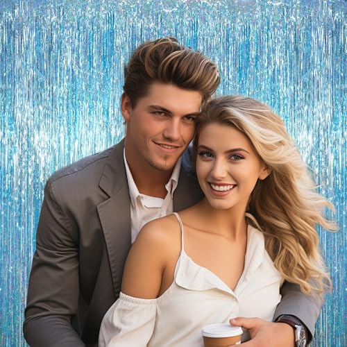 Voircoloria Light Blue Foil Fringe Backdrop Curtains, 3.3x6.6ft, 6pcs - Image 6