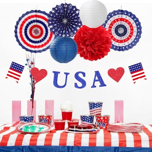 Red-White Blue Memorial-Day Patriotic Decorations - 21pcs 4th Fourth of July Americana Banner Garland,Independence Party Decor Paper Streamers Lanterns,Flower Tissue Pom Poms Fan Supplies Huglony - Image 3