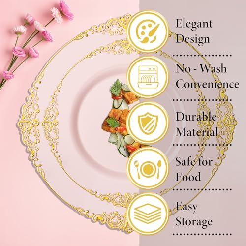 Nervure 175Pcs Pink Plastic Plates, Disposable Party Plates for 25 Guests - Image 5