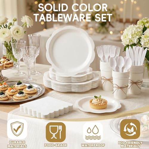 Disposable Party Supplies Set for 25/50 Guests, Heavy Duty Paper Plates & Napkins Set with Cups & Cutlery, 7" & 9" Decagonal Plates Tableware for Wedding, Birthday, Baby Shower (White, 175 Pcs) - Image 4