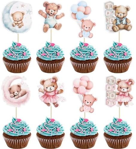 Gyufise 32Pcs Baby Shower Bear Cupcake Toppers Moon Baby Bear Baby Shower Cake Topper Decorations Jungle Animal Theme Birthday Party Cake Supplies Blue Pink by Gyufise