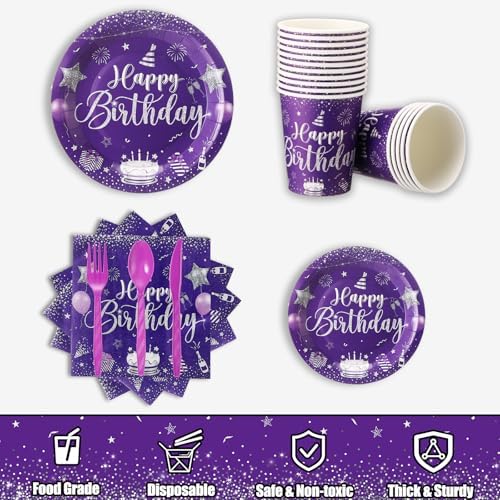Vesici 171 Pcs Happy Birthday Party Supplies 24 Set Table, Purple, Silver - Image 5