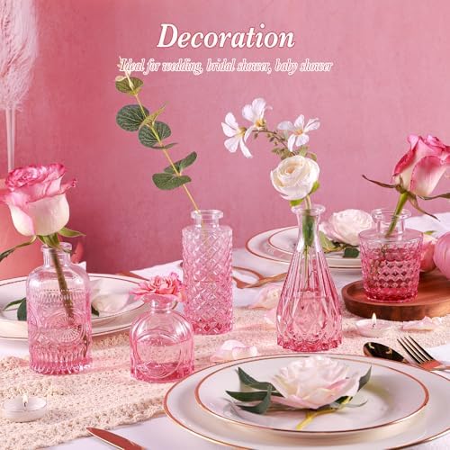 UPBUD Pink Glass Bud Vases Set of 5, Mini Flower Vase for Centerpieces, Small Clear Vases in Bulk for Wedding Decorations, Vintage Vase for Table, Home Décor - Image 4