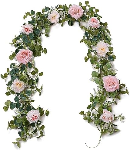 Anna's Whimsy 5.91FT Artificial Eucalyptus Garland with Flowers, Fake Rose Gypsophila Garland, Faux Floral Greenery Garlands for Wedding Spring Party Art Table Runner Decor (Pink, 1) by AnnasWhimsy