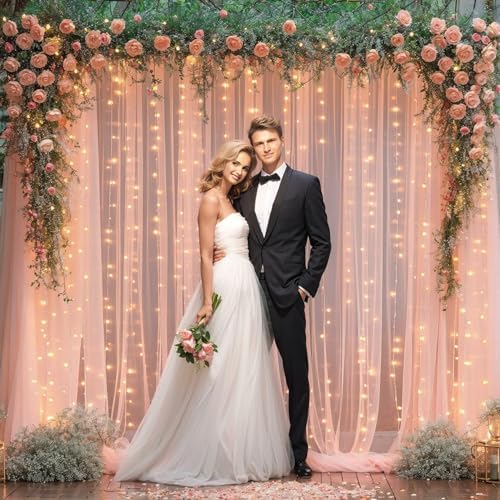 30x10ft Peach Tulle Backdrop Curtain with Lights String for Parites, Sheer Photo Backdrop Curtains with Lights for Wedding Backdrop Ceremony Reception Bridal Shower Baby Shower Birthday Party - Image 5