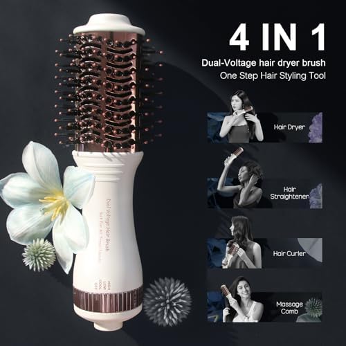 Travel Dual Voltage Hair Dryer Brush 4-IN-1 Portable Mini Hot Air Blow Dryer Straightener & Curler Brush, Titanium Round Blowout Styler Volumizer Tools, 110/240V US/EU/UK Plug for International Travel - Image 4
