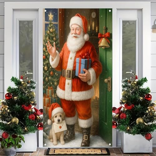 BlissYard Christmas Door Cover Santa Puppy 35x71 Inch Polyester - Image 4