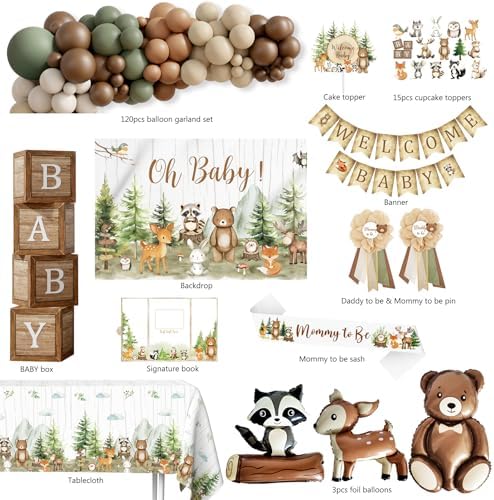 Woodland Animals Baby Shower Decoration Party Supplies, Forest Animal Neutral Gender Reveal Party Decorations, Backdrop Balloon Arch Box Mom to Be Sash Dad to Be Pin Tablecloths Cake Topper - Image 2