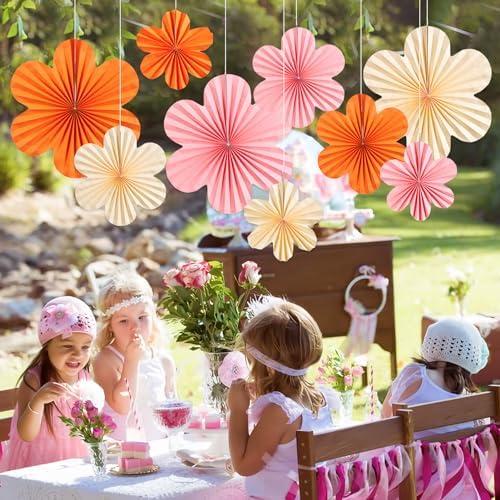 SUNBEAUTY Paper Flowers Decorations Pink and Orange for Wall Paper Fans Classroom Decoration Paper Floral Backdrop Decor Paper Fans Decor Hanging Paper Fans Orange Flower Wall Decor Set of 9 - Image 5