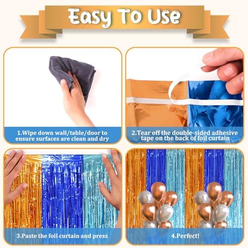 Voircoloria Blue Orange Foil Fringe Backdrop Curtains,3.3x8.2ft, 3 Pack - Image 4
