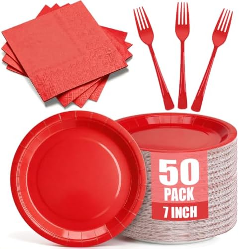 Red Paper Plates and Napkins Includes 7inch Red Dessert Plates,Napkins,Plastic Forks, Disposable Red Party Supplies for Christmas, Valentines Day, Birthday, Wedding, BBQ for 50 Guests by CENLBJ