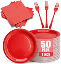 Red Paper Plates and Napkins Includes 7inch Red Dessert Plates,Napkins,Plastic Forks, Disposable Red Party Supplies for Christmas, Valentines Day, Birthday, Wedding, BBQ for 50 Guests by CENLBJ