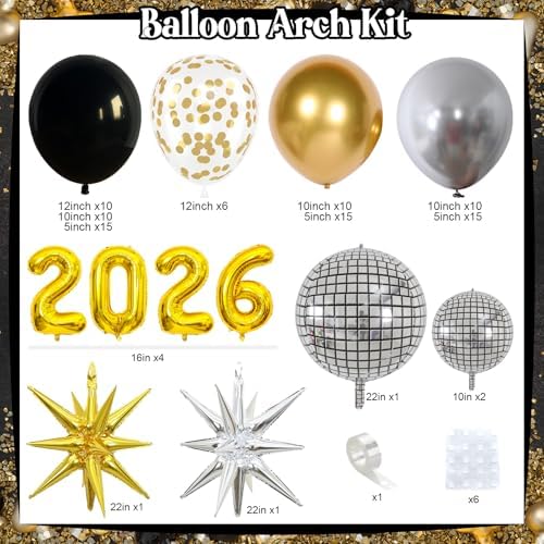 2026 Graduation Balloon Garland Arch Kit, Black Gold Silver Balloon Arch Class of 2026 Graduation Decorations Disco Star Balloons for Grad Celebrations Birthday Party Decorations - Image 2