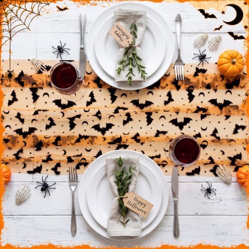 Remagr 3 Pcs Halloween Table Runner Flocked Lace, Bat Table Decor 30"x70" - Image 4