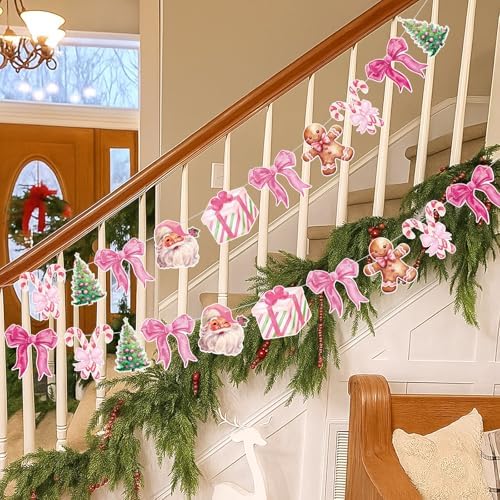 Oudain 2 Pack Pink Christmas Paper Garland 6.56 Ft Santa Gingerbread Bow - Image 5
