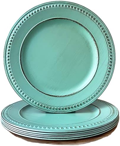 Antique Green Charger Plates,13 Inch Vintage Dinner Plate Chargers Round Server Ware.Set of 6 Plastic Beaded Chargers for Dinner Plates, Party, Wedding(Turquoise) by Umisriro
