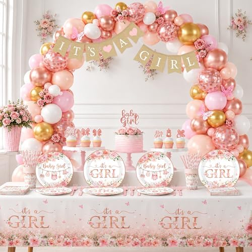 Baby Shower Girl Decorations,258pcs Pink Gold Baby Shower Decorations Girl Plates And Napkins Cups Banner Backdrop Tablecloth Cake Topper Balloon For A Sweet Little Girls Is On The Way Supplies - Image 3