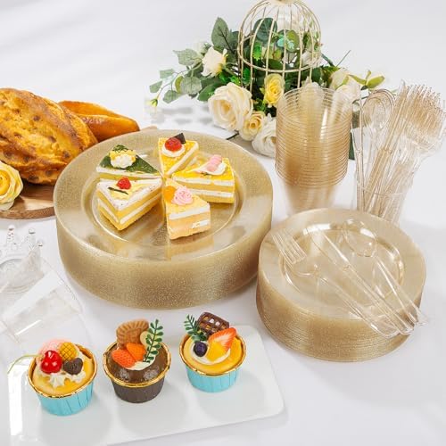 WELLIFE Gold Glitter Disposable Plates, Dinnerware Set for 75 Guests - Image 4