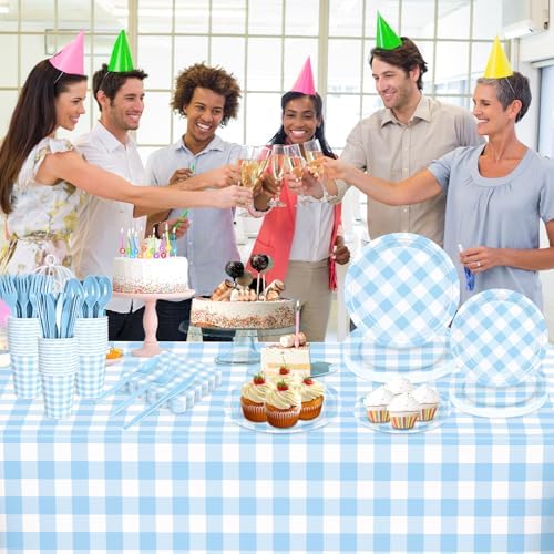 176 PCS Light Blue Gingham Round Plates and Napkins, Blue Checkered Disposable Plates Set with Napkins Cups Plastic Spoons Forks Knives for Dinner Birthday Baby Shower Wedding Supplies Serve 25 Guests - Image 6