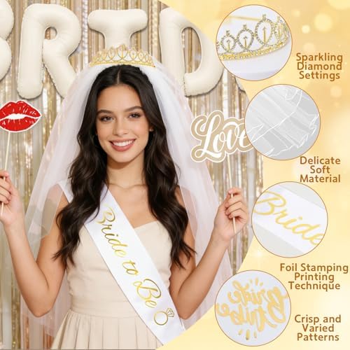 60PCS Bride To Be Decorations, Champagne Gold Bachelorette Party Decorations Include Bride To Be Sash Veil Crown Tattoo Stickers Photo Props Fringe Curtain for Wedding Bridal Shower Decorations - Image 4