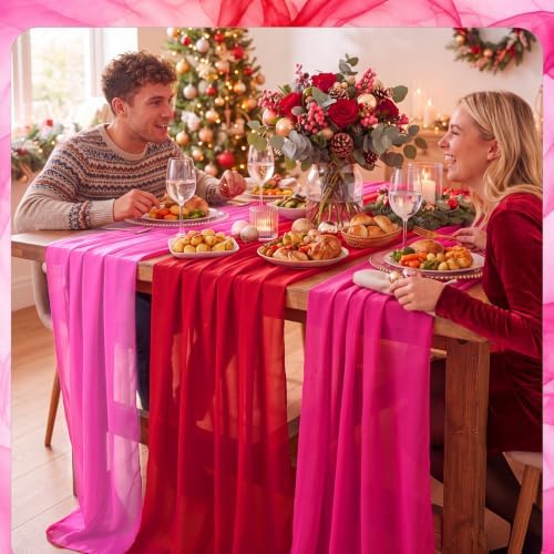 Boao 6 Pcs Pink Christmas Decorations Red and Pink Chiffon Table Runner - Image 5