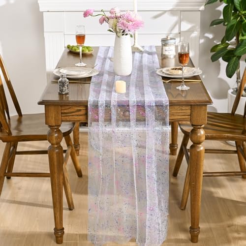 Artoid Mode Colorful Gold Gauze Table Runner 120 Inch 10FT, Glitter Metallic Foil Sheer Dining Wedding Anniversary Holiday Birthday Table Decor for Home Party - Image 2