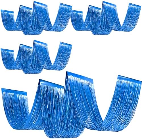 Breling 4 Pcs Blue Ceiling Fringe Curtains, Metallic Foil Drapes, 15 ft by Breling