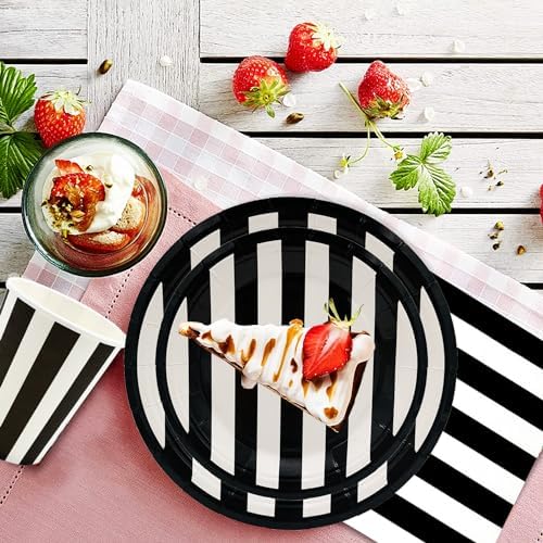 Serve25 175Pcs Black & White Striped Party Supplies - 9" & 7" Striped Paper Plates, Napkins, Cups, Cutlery for Black & White Birthday Party Decorations - Image 2