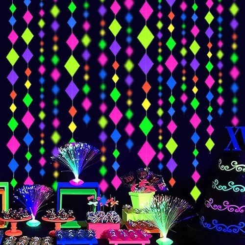 123feet UV Paper Neon Streamers & Garlands - Diamond Shape Black Light Decorations, Glow Party Favors & Supplies for Wedding & Birthday Celebrations - Image 3