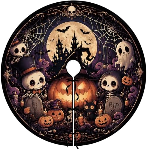 48 Inch Halloween Tree Skirt Pumpkin Ghost Skull Spooky Carpet Mat Decor by CDIXlmuz