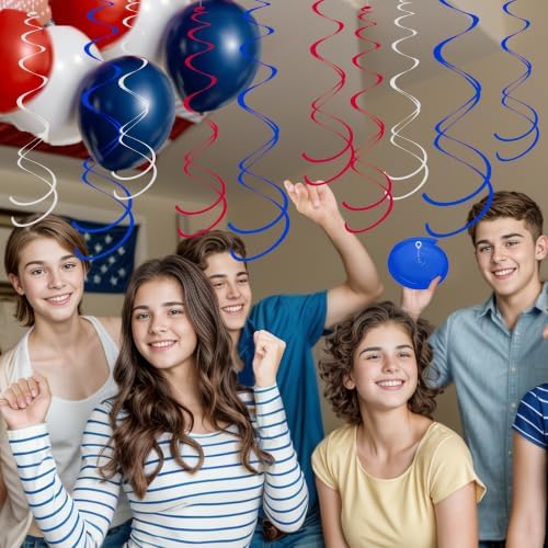 Ceiling Swirl Foil Decorations Hanging Plastic Streamer Themed Swirl Party for 4th of July Graduation Celebration Labor Day, Pack of 28 (Blue Red and Sliver) - Image 6