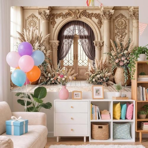 5X4ft Retro European Wedding Backdrop Boho Flowers Wedding Pattern Photography Background Classic Bridal Shower Portrait Party Decoration Supplies Cake Table Photo Booth Studio Props - Image 3