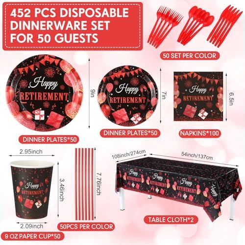 Funnymoom 452 Pcs Retirement Party Decorations Supplies Set Include Red Black Retirement Paper Plates Napkins Cups Tablecloth Cutlery Straws for Men Women Say Goodbye Party - Image 2
