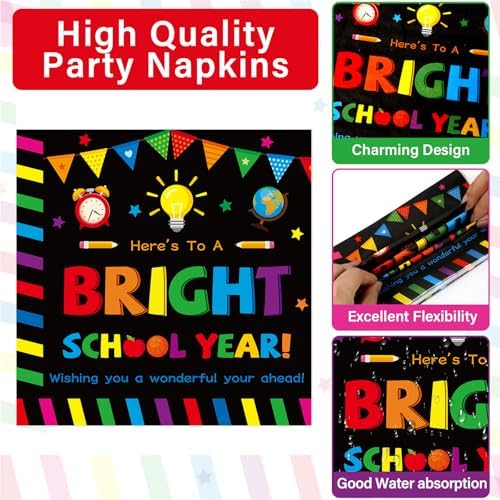 100PCS Back To School Decorations School Season Supplies Paper Plates Napkins Disposable Black Bottom Colorful Pattern Tableware Dinnerware for Student Birthday Picnic First Day of School Serves 25 - Image 4