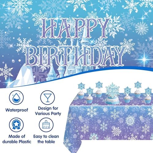 Frozen Birthday Party Decorations For Girls,Happy Birthday Backdrop,Banner,BlueBalloons,Table Cloth,Paper pom poms Party Supplies for Women - Image 7