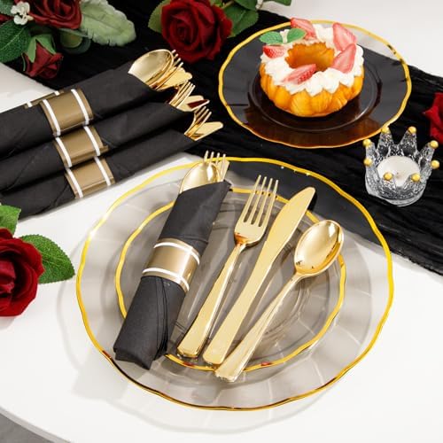 Supernal 120Pack Pre Rolled Black and Gold Plastic Silverware Set - Image 5