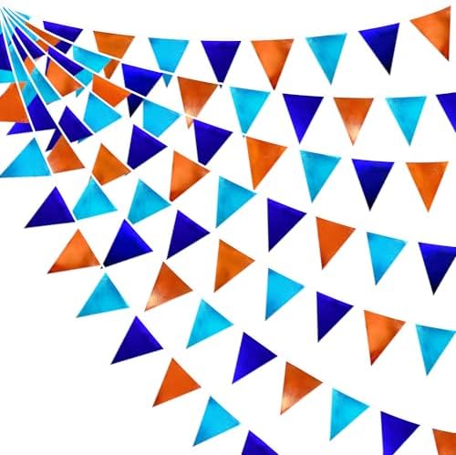 Orange Blue Party Decorations Metallic Fabric Triangle Pennant Flag Bunting Banner Garland for Birthday Baby Shower Graduation Bridal Shower Wedding Bachelorette Engagement Space Theme Party Supplies by pinkblume